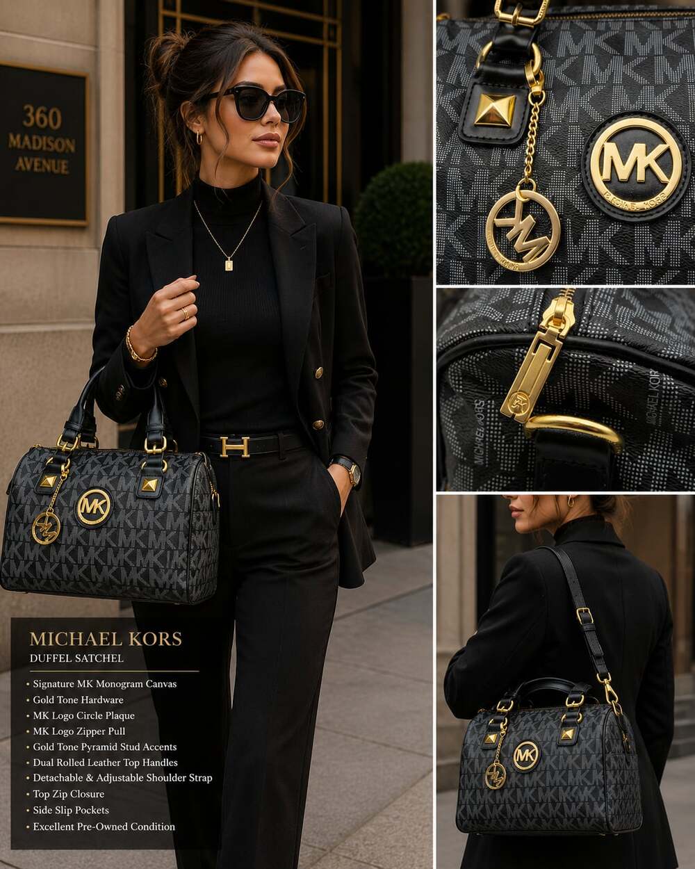 Michael Kors Grayson Monogram Satchel Black Gray Duffel Handbag